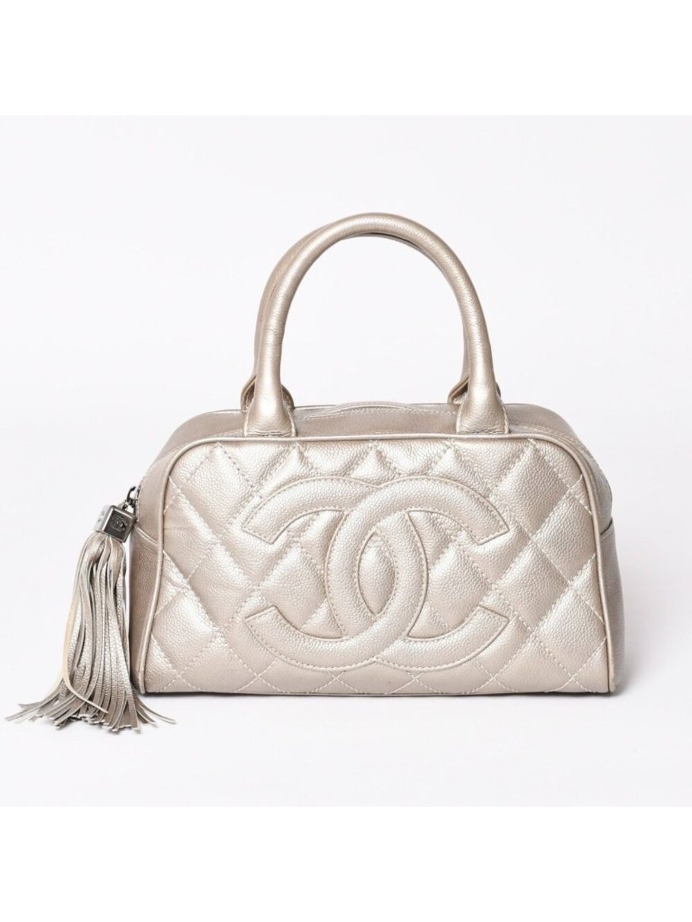 Chanel Quilted CC Logo Mini Boston Bag Caviar Leather Blanc Style Gold Silver